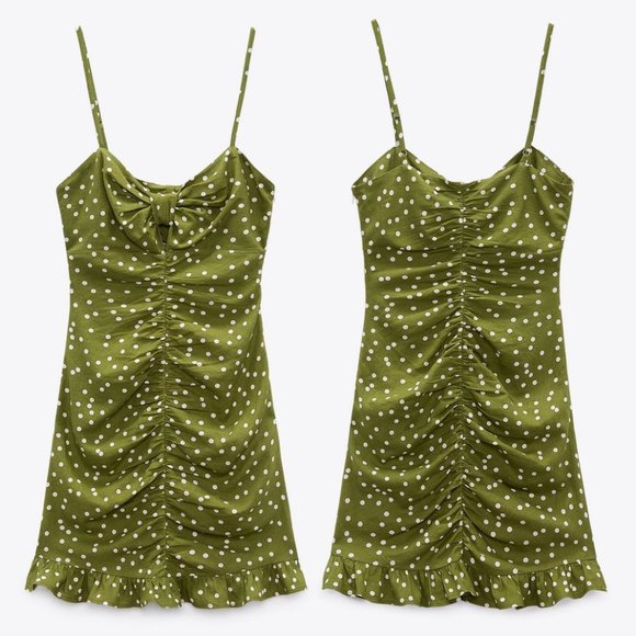 NEW Zara Linen Blend Bow Knot Cutout Polka Dot Draped Ruched Ruffle Mini Dress L - Picture 8 of 10